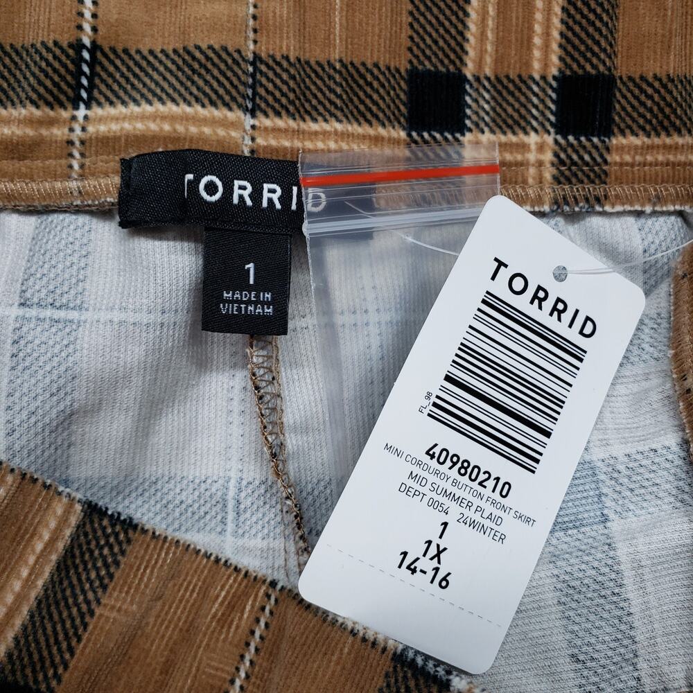 NWT Torrid Mini Skirt Size 14/16 (1X) Brown Plaid Corduroy Elastic Waist Pockets - Picture 5 of 9